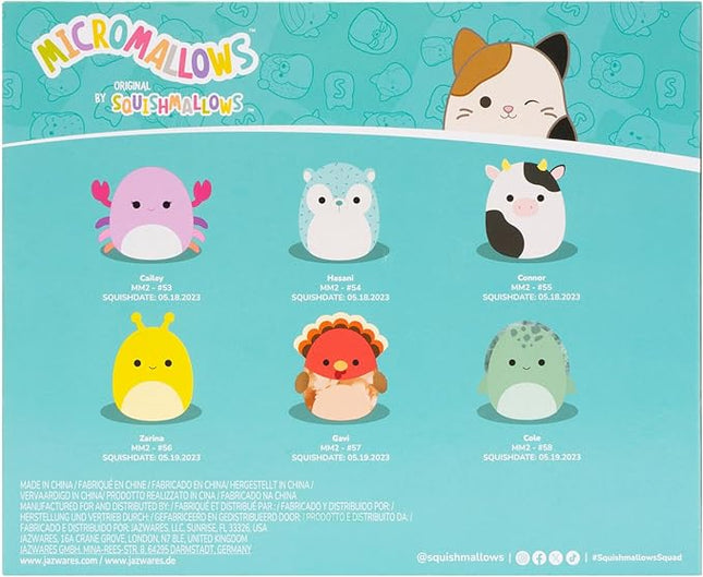 Squishmallows Original Micromallows 6-Pack – Cailey Crab, Cole Turtle, Connor Cow, GAVI Turkey, Hasani Hedgehog, Zarina Banana Slug