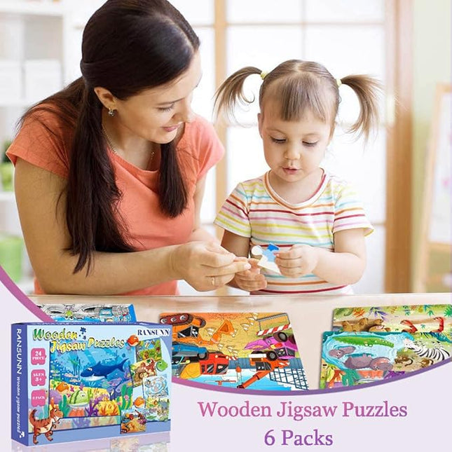 Puzzles for Kids Ages 3-5, 24 Piece Colorful Wooden Puzzles for Toddler Children Learning Educational Puzzles Toys for Boys and Girls (6 Packs)
