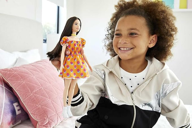 Barbie Fashionistas Doll #160 with Long Brunette Hair Wearing Patterned Orange Dress, White Shoes & Yellow Choker, Toy for Kids 3 to 8 Years Old