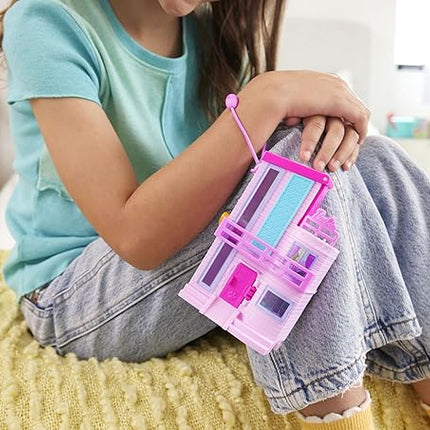 Polly Pocket Barbie Dreamhouse Compact, Dollhouse Playset with 3 Micro Dolls, 1 Puppy, 11 Accessories, Elevator & Pool