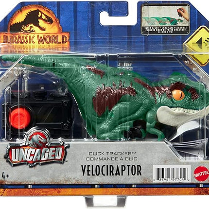 Mattel Jurassic World Dominion Uncaged Dinosaur Toy with Motion & Sound, Click Tracker Velociraptor Dino Action Figure with Clicker Control