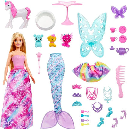 Barbie Dreamtopia Advent Calendar, Fantasy-Themed with 24 Surprises, Daily Toys Include Barbie Fashion Doll, Pets, Clothes & Accessories Like Mermaid Tail & Wings