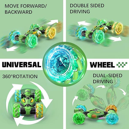 Gesture Sensing RC Stunt Cars - Toys for Boys Girls 6-12 | Best Gifts for Kids 6-12 Years Old | 4WD 360° Rotating Remote Control Transform Car | All-Terrain Off Road Vehicle with Lights Music Green