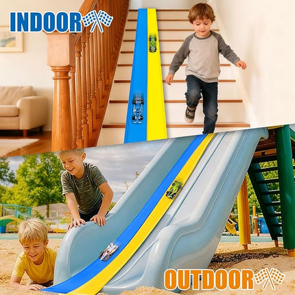 Flexible Race Track Toys for Kids, 15 Ft Double Lane Racetrack with 4 Cars & Suction Cups, Compatible with Hot Wheels & 1/64 Diecast Cars, Portable Roll Up Car Ramp Track Set for Ages 3+(Yellow&Blue)