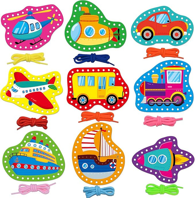 SpriteGru 9 Pieces Kids Lacing Cards, Double Sided Vehicle Sewing Cards with 9 Colorful Laces, Imagination Development Lacing Toys Games for Children Educational and Learning Activity