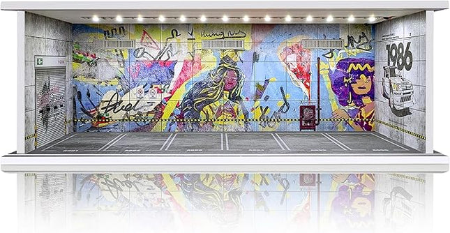 1/64 Scale Cars Display Case: Toy Car Parking Garage with LED Light Compatible with Hot Wheels, FoamBoard Storage Display for Matchbox with Acrylic Cover (Graffiti Wall 1986)