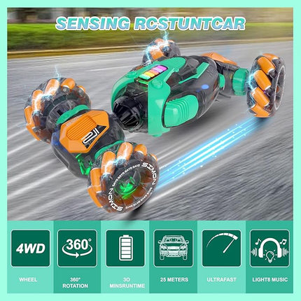 RC Gesture Sensing Stunt Car, 360° Rotating 4WD Remote Control Transform Remote & Hand Car, Remote & Hand, Double-Sided Driving with Lights & Music,Birthday Drift Toy Gift for Kids Age 7 8 10 12 Year