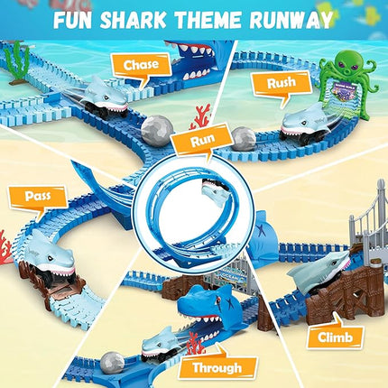 VATOS Shark Track Toys - 219 Pcs Flexible Race Track Set with 360° Loops, Electric Shark Car & Auto-Rotating, Create a Shark Theme Road Race, STEM Toy Birthday for Boys Girls Ages 3-8