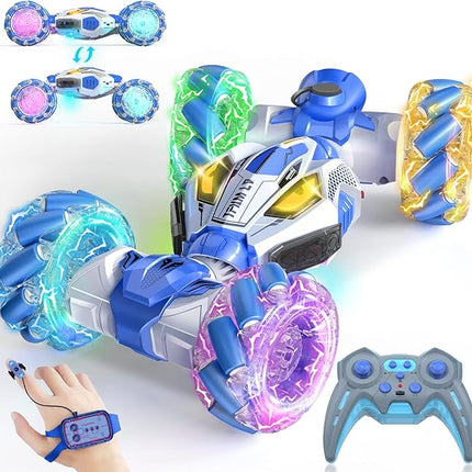 Gesture Sensing RC Stunt Cars - Toys for Boys Girls 6-12 | Best Gifts for Kids 6-12 Years Old | 4WD 360° Rotating Remote Control Transform Car | All-Terrain Off Road Vehicle with Lights Music Blue