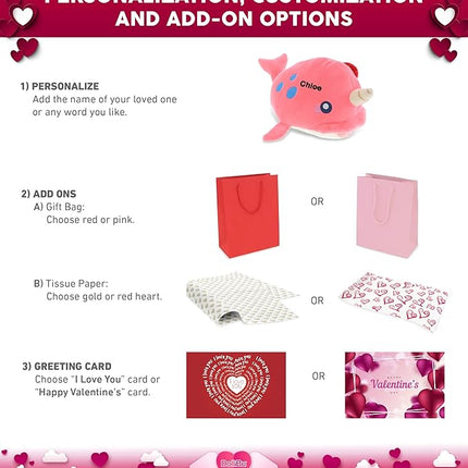 DolliBu I Love You Valentine Plush Pink Narwhal - Cute Stuffed Animal with Red Heart and Name Personalization Gift for Valentine's Day, Birthday, Anniversary - 11.75 Inches