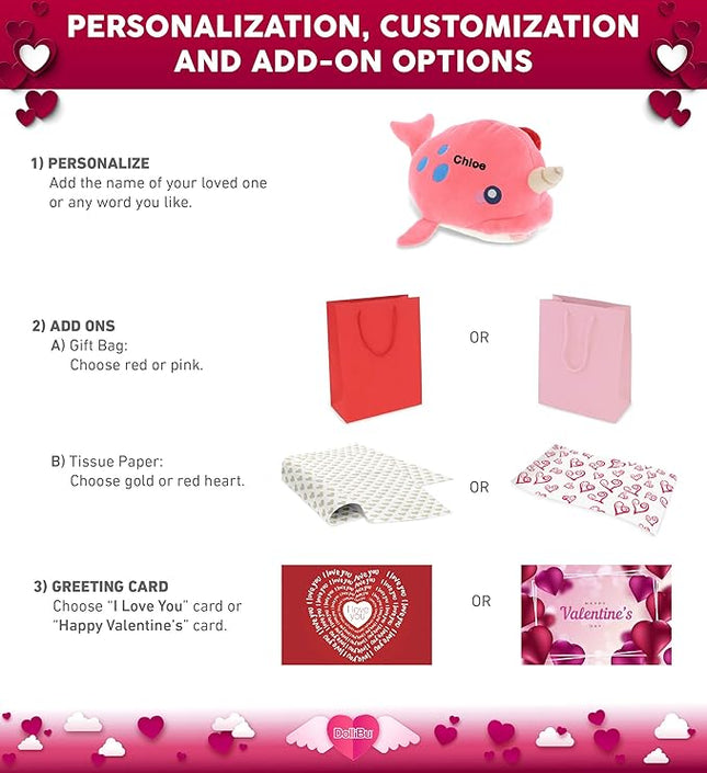 DolliBu I Love You Valentine Plush Pink Narwhal - Cute Stuffed Animal with Red Heart and Name Personalization Gift for Valentine's Day, Birthday, Anniversary - 11.75 Inches