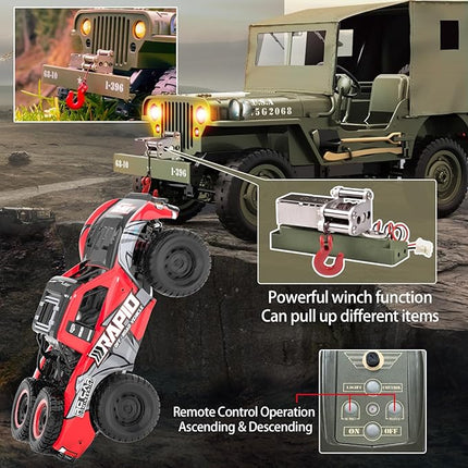 RC Jeep 1/10 Scale Willys Hobby RC Car Off-Road Military Crawler, 2.4Ghz Military Truck 4WD RC Crawler with Light, Tarpaulin, Metal Shaft, 4x4 Off Road Vehicle RTR Jeep Car, 2 Batteries