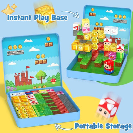 49PCS Mini Magnetic Tiles Travel Toys for Kids Ages 4-8, Magnetic Building Blocks Adventure Set with Portable Iron Storage Box & Play Base, STEM Learning Activities for Toddlers 3-5