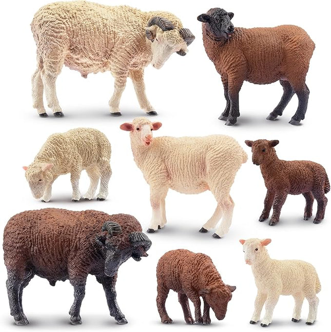 Toymany 8PCS Merino Sheep Figurines Realistic Farm Animal Sheep Toys- Plastic Sheep Figures Birthday Christmas Toy Gift for Kids Toddlers