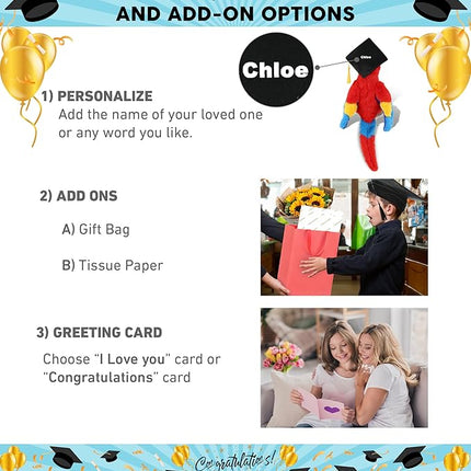 DolliBu Red Parrot Graduation Plush Toy - Super Soft Plush Graduation Stuffed Animal Dress Up with Graduation Cap with Tassel Outfit - Congratulatory Graduation Gift with Personalization - 15 inch