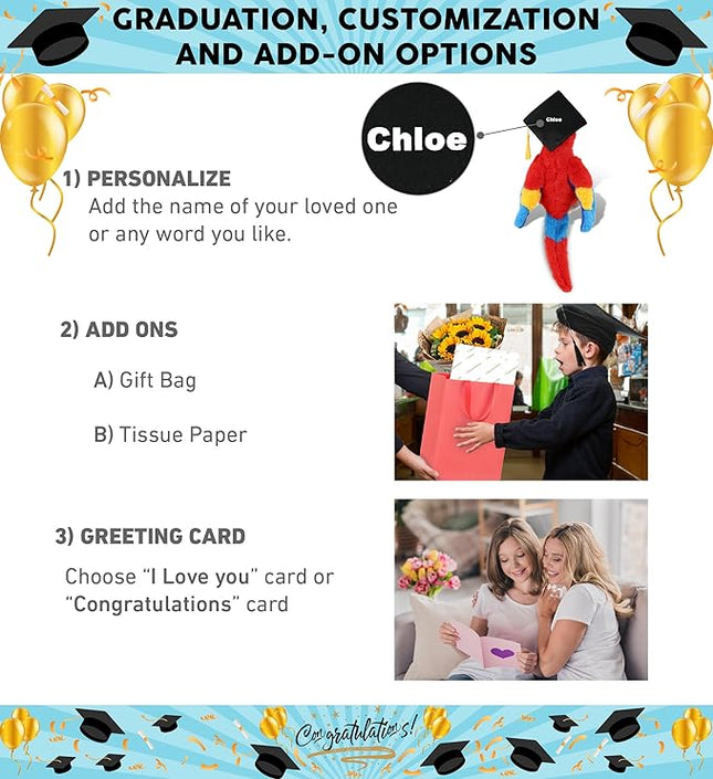 DolliBu Red Parrot Graduation Plush Toy - Super Soft Plush Graduation Stuffed Animal Dress Up with Graduation Cap with Tassel Outfit - Congratulatory Graduation Gift with Personalization - 15 inch