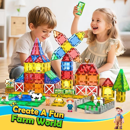 Magnetic Tiles with Farm Animals, Magnetic Blocks Building Toys for 3+ Year Old Toddler, Construction STEM Magnet Toys Gift for Kids, Boys and Girls 3 4 5 6 7 8+ Year Old