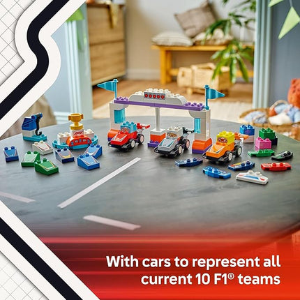 LEGO DUPLO Town F1 Team Race Cars & Drivers Building Toy Playset - Toddler Toy Cars for Pretend Play, Boys and Girls, Ages 2+ - Learning and Educational Gift for Preschool - 10445