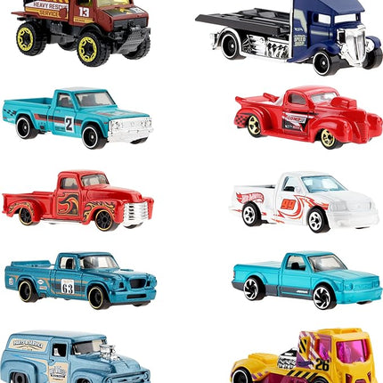 Hot Wheels 10-Pack, Set of 10 Toy Trucks in 1:64 Scale, Mix of Officially Licensed & Unlicensed Pick-Ups, Rescue or Semi Trucks (Styles May Vary)