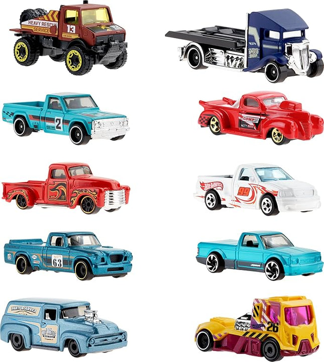 Hot Wheels 10-Pack, Set of 10 Toy Trucks in 1:64 Scale, Mix of Officially Licensed & Unlicensed Pick-Ups, Rescue or Semi Trucks (Styles May Vary)
