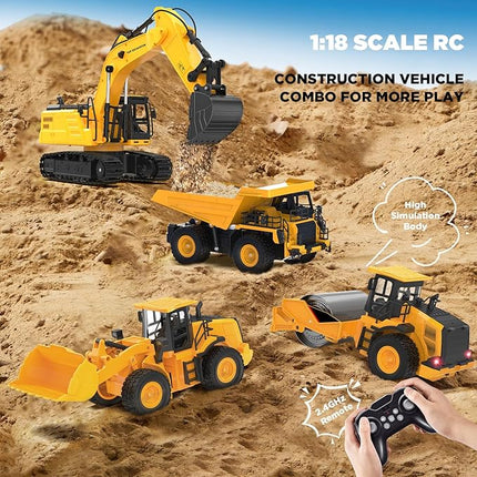 1:18 Remote Control Excavator Construction Toys for Boys, [2025 Upgraded] 2.4GHz RC Excavator Toy with Metal Shovel for Boys 6+ Kids Birthday, Dual Batteries/100+Mins/Spray/Sound/Light/11-Channel
