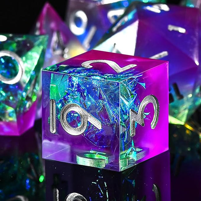 AUSTOR 7-Die DND Dice Set Handmade Sharp Edge Polyhedral Dice for Dungeons and Dragons RPG MTG Table Games（Violet & Blue）