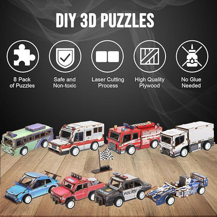 8 Pack 3D Wooden Puzzle STEM Model Car Kits, Science Kits for Young Engineer, 3D Puzzles for Kids Ages 4-12, Educational Wooden Craft Gifts for Boys & Girls