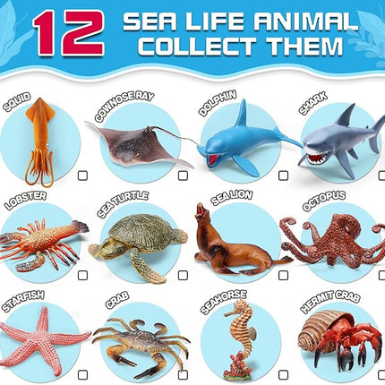 12 Pack Ocean Animal Toys with Educational Booklet for Kids, Realistic Soft Plastic Creatures Model Figures for Toddler Boys Girls, Under the Sea Party Favor, Birthday Gifts Water Table Toy
