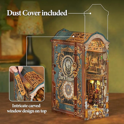 Tonecheer DIY Book Nook Kit for Adults, 3D Wooden Puzzle Bookend Miniature House Kit, Booknook Bookshelf Insert Decor with Dust Cover and LED Lights Gifts (Clock Tower)