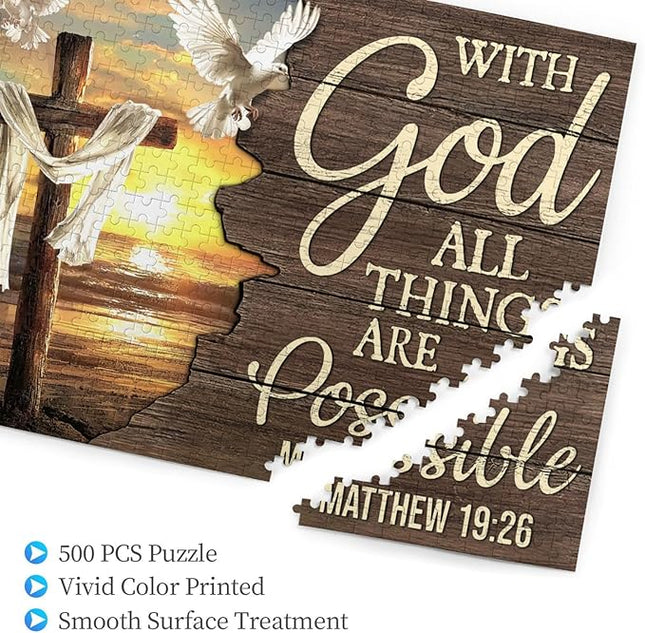 Christian Jigsaw Puzzles 500 Pieces for Adults, Ocean Cross & Matthew 19:26 with God All Things are Possible, Inspirational Beach-Themed Wooden Puzzle, Faith-Based Gift