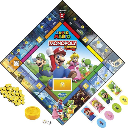 Monopoly Junior Super Mario Edition Board Game, Fun Kids' Ages 5 and Up, Explore The Mushroom Kingdom as Mario, Peach, Yoshi, or Luigi (Amazon Exclusive)