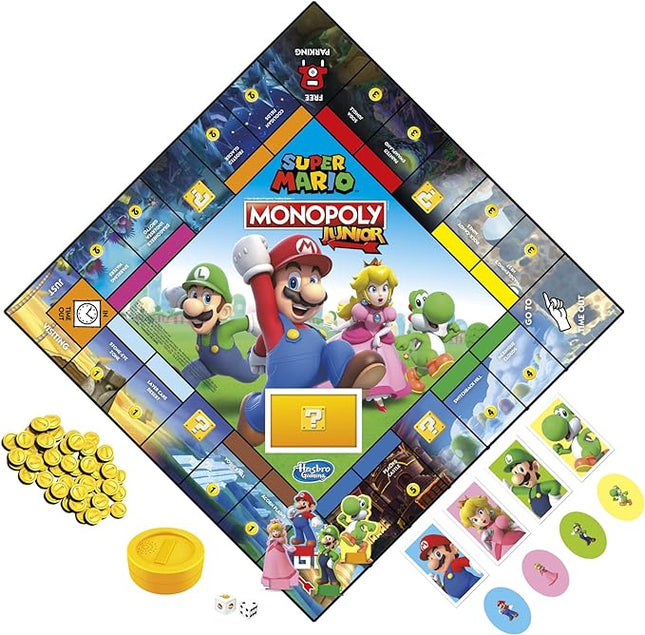 Monopoly Junior Super Mario Edition Board Game, Fun Kids' Ages 5 and Up, Explore The Mushroom Kingdom as Mario, Peach, Yoshi, or Luigi (Amazon Exclusive)