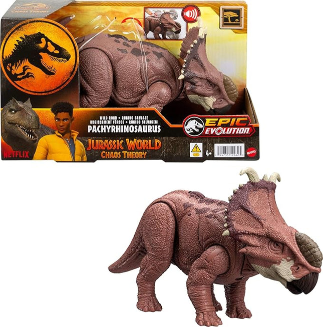 Mattel Jurassic World Wild Roar Dinosaur Action Figure, Pachyrhinosaurus with Continuing Head Strike & Sound, Posable Toy with Digital Play