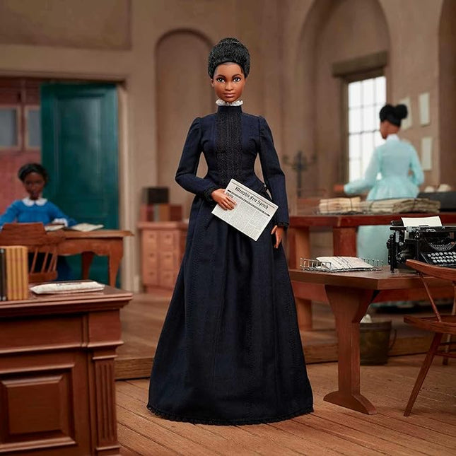 Barbie Inspiring Women Doll, Ida B. Wells Collectible with Blue Dress & Newspaper Accessory