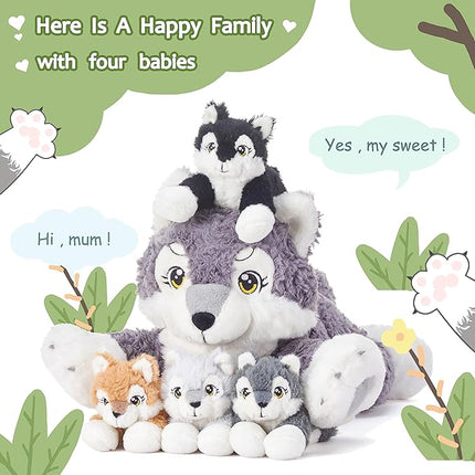 IKASA Mommy Wolf Stuffed Animal Mom and Baby Plush Toy, Cute 18" Soft Small Mama Family Set with Little Mini Babies,Gifts for Kid (Wolf)