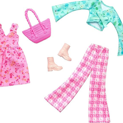 Barbie Clothes, Doll Fashions and Accessories Set Featuring 2 Complete Cottage Core Outfits, Including Floral Dress, Gingham Pants and More
