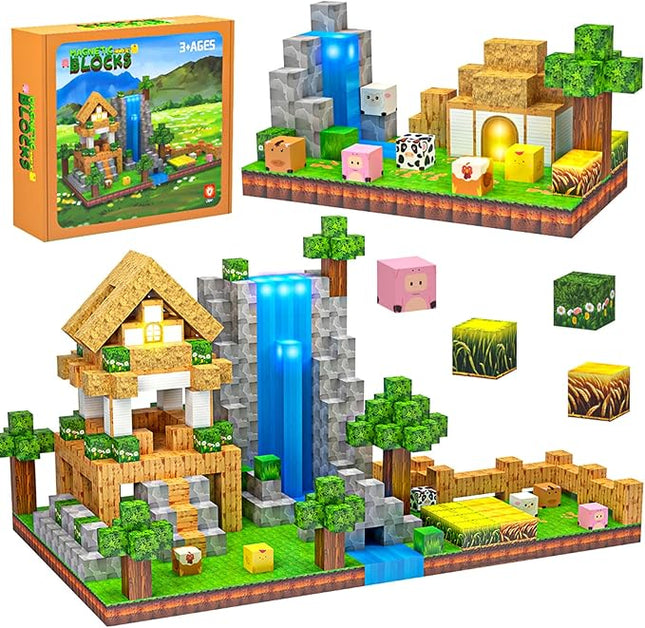 138 PCS Magnetic Blocks, Magnetic Building Blocks for Kids, Farm Construction Magnet Cubes Set for Girls Boys, Sensory STEM Toys for Kids Toddlers Ages 3+
