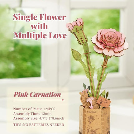 rowood 3D Puzzle Wood Flower,DIY Artifical Flower Building Set Craft Kit for Women,Mother's Day/Valentine's Day/Teacher's Day/Thanksgiving/Christmas/Birthday Gift -Pink Carnation