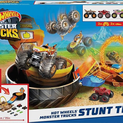 Hot Wheels Toy Monster Trucks Playset, Tire-Shaped Case Transforms into Race Course, 3 Trucks & 4 Cars in 1:64 Scale, Stunt Tire (Amazon Exclusive)