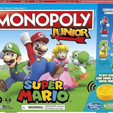 Monopoly Junior Super Mario Edition Board Game, Fun Kids' Ages 5 and Up, Explore The Mushroom Kingdom as Mario, Peach, Yoshi, or Luigi (Amazon Exclusive)