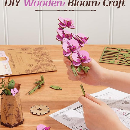 rowood Wooden Flower,3D Puzzles for Adults,Artifical Flower Botanical Collection Building Craft Kit,Mother's Day/Valentine's Day Purple Moth Orchid