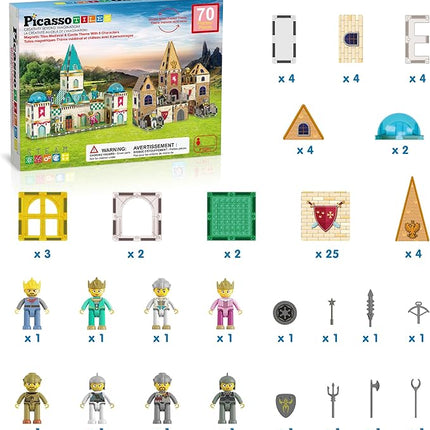 PicassoTiles 70pc Middle Age Medieval and Castle Theme Tile 2in1 8 Character Action Figures Magnet Tiles Building Block Pretend Magnetic Play Fine Motor Skill STEM Educational Construction Age3+ PTQ01