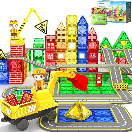 Magnetic Tiles Construction Set with Movable Excavator & Crane, STEM Magnetic Blocks Sensory Toys for Kids 3-5 Girls Boys Toys Age 4-6 6-8, Kids Games Outdoor Toy Birthday Gifts with Car