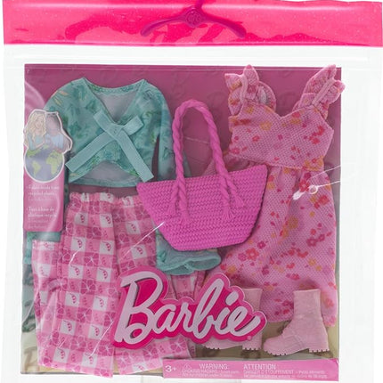Barbie Clothes, Doll Fashions and Accessories Set Featuring 2 Complete Cottage Core Outfits, Including Floral Dress, Gingham Pants and More