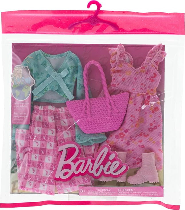 Barbie Clothes, Doll Fashions and Accessories Set Featuring 2 Complete Cottage Core Outfits, Including Floral Dress, Gingham Pants and More
