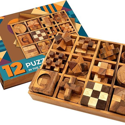 BSIRI Wooden Puzzle Box Set (12 Games) - Challenging Brain Teasers and 3D Puzzles for Adults, Interlocking Games for IQ Test, Ideal for Patio Decor and Unique Gift for Chistmas