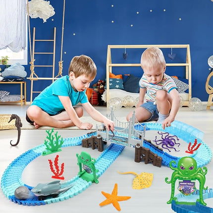 VATOS Track Toys 183 Pcs Shark Race Car Toys for Boys Girls 3 4 5 6 7 9 Year, Bendable Flexible Racetrack Cars with Shark & Ball, Ocean Theme Train Toys, STEM Educational Playset Birthday Gift