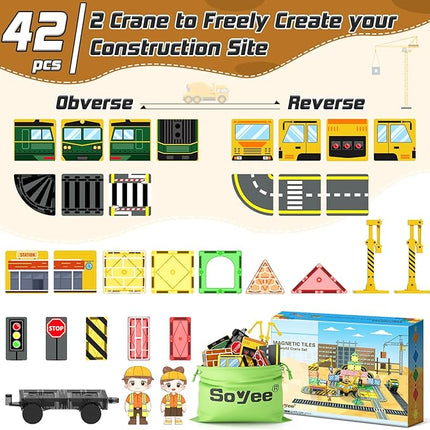 Magnetic Tiles Magnetic Construction Set with 2 Cranes Boys Toys for Ages 3-5 5-7 8-10 Building Toys Includes Crane, Road Tracks, Train, Train Tracks, Dolls, Car Toy, Traffic Lights and Stations
