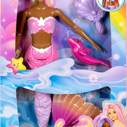Barbie Mermaid Doll, “Brooklyn” with Pink Hair, Styling Accessories, Pet Dolphin and Water-Activated Color Change Feature, HRP98