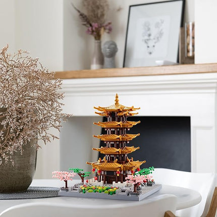 Chinese Architecture Ancient Famous Collectible Micro Building Blocks Set for Adults, 2200PCS Creative Model - Yellow Crane Tower with Cherry Blossom Tree Cherry Plants Presents